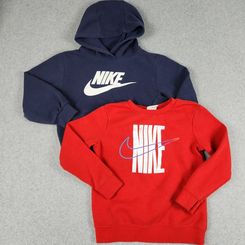 Nike Hoodie & Sweatshirt Kids Large Blue Red Graphic Logo Fleece Lined Pullover